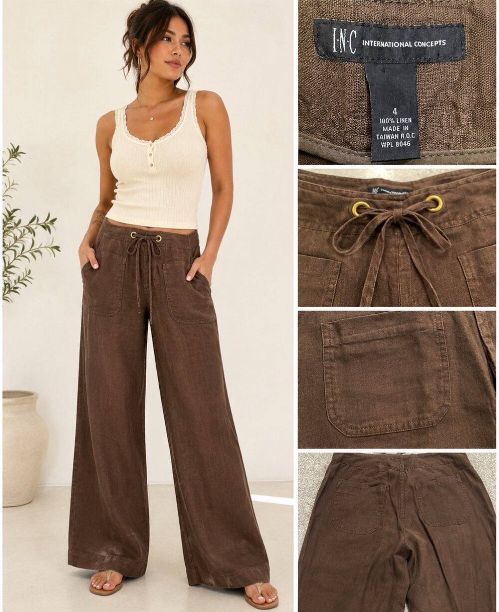 Coastal INC International Concepts Women's Wide Leg Pants Size 4 Brown Linen